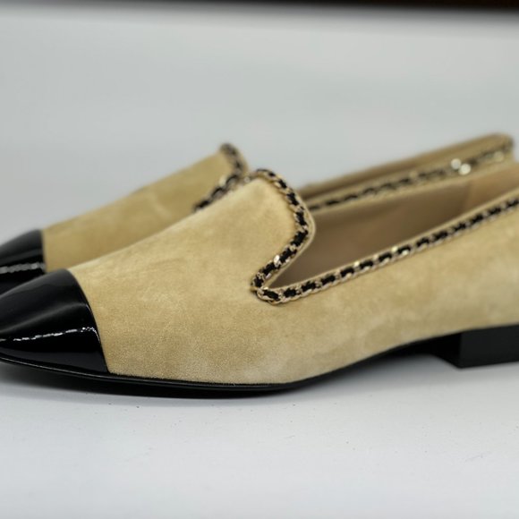 CHANEL 21A Suede Patent Cap Toe Chain Trim CC Loafers Flat Shoes - Picture 10 of 16